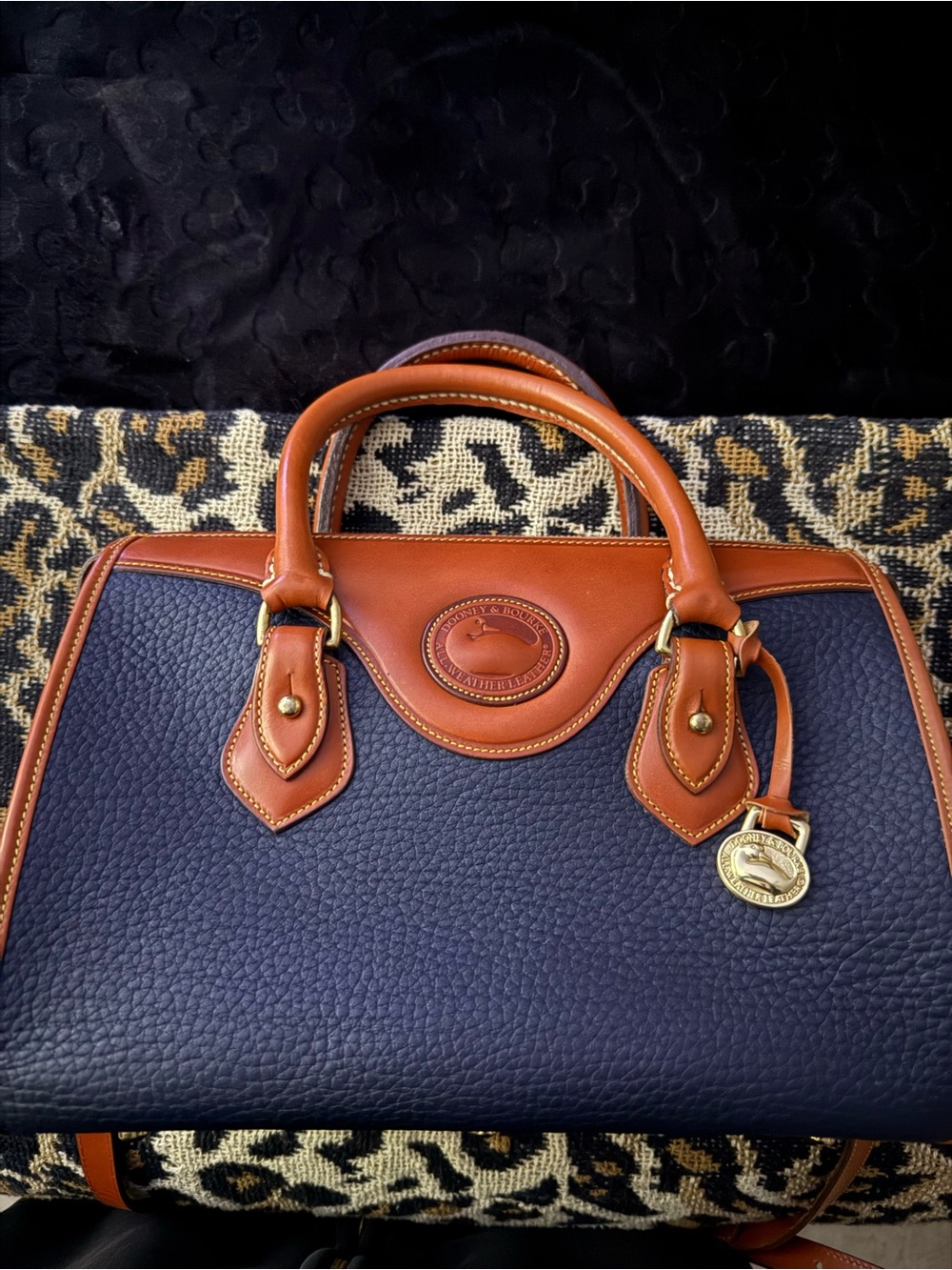 Dooney & Bourke Navy Pebbled Leather Satchel with Tan Trim and Gold Hardware - Picture 1 of 4